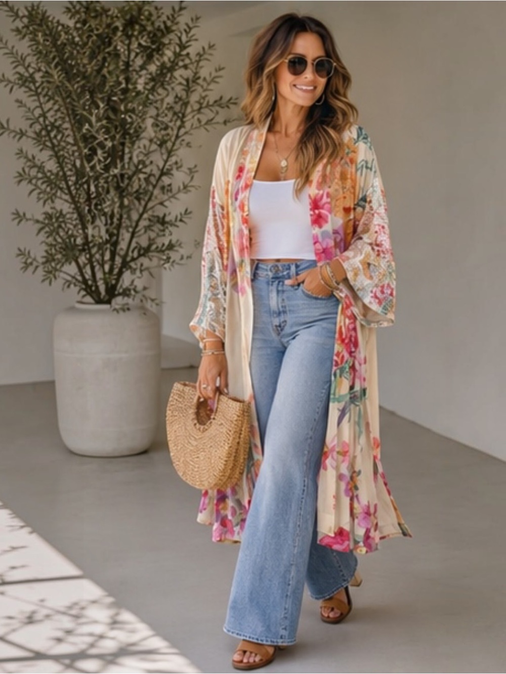 Soft Surroundings Enchanted Orchid Floral Kimono Long Topper Velvet Burnout L/XL